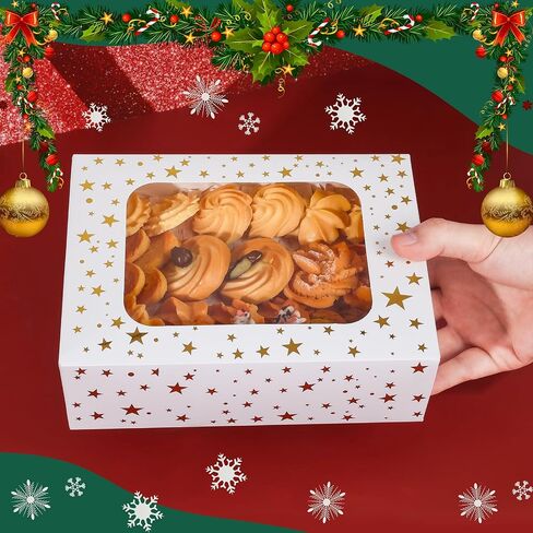 12pcs Cookie Boxes with Window, 8.25x6x2.75in White Treat Boxes with Window Gold Foil Star Bakery Cake Boxes for Christmas Gift Giving Pastry Dessert Cupcakes Candy Donut Packaging in Saudi Arabia
