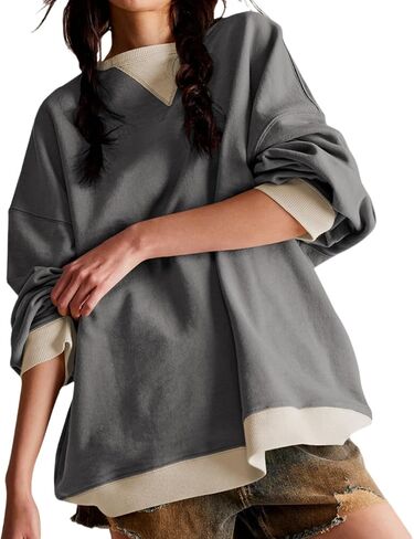 Women's Oversized Sweatshirt Casual Crewneck Shirt Long Sleeve Color block Pullover Tunic Tops in Kuwait