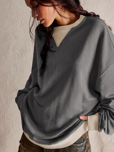 Women's Oversized Sweatshirt Casual Crewneck Shirt Long Sleeve Color block Pullover Tunic Tops in Kuwait