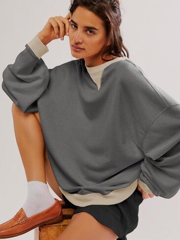 Women's Oversized Sweatshirt Casual Crewneck Shirt Long Sleeve Color block Pullover Tunic Tops in Kuwait