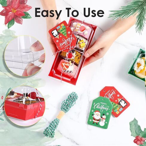 50 Pcs Christmas Charcuterie Boxes with Ropes and Cards, 7.5 Inches Dessert Boxes with Clear Lids, Red Green Disposable Food Containers for Sandwich Sushi Cake Cookies Xmas Party Favor in Saudi Arabia