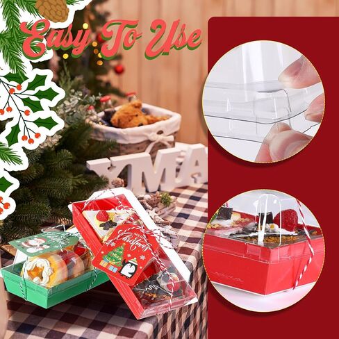 50 Pcs Christmas Charcuterie Boxes with Ropes and Cards, 7.5 Inches Dessert Boxes with Clear Lids, Red Green Disposable Food Containers for Sandwich Sushi Cake Cookies Xmas Party Favor in Saudi Arabia