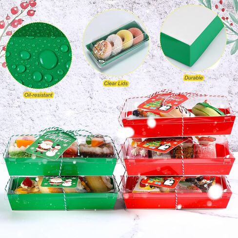 50 Pcs Christmas Charcuterie Boxes with Ropes and Cards, 7.5 Inches Dessert Boxes with Clear Lids, Red Green Disposable Food Containers for Sandwich Sushi Cake Cookies Xmas Party Favor in Saudi Arabia