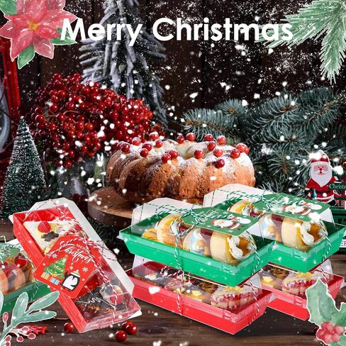 50 Pcs Christmas Charcuterie Boxes with Ropes and Cards, 7.5 Inches Dessert Boxes with Clear Lids, Red Green Disposable Food Containers for Sandwich Sushi Cake Cookies Xmas Party Favor in Saudi Arabia