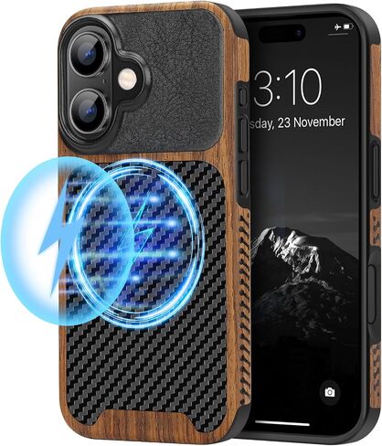 TENDLIN Compatible with iPhone 16 Phone Case Wood Grain with Carbon Fiber Texture Design Leather Hybrid Slim Case (Black) in Saudi Arabia