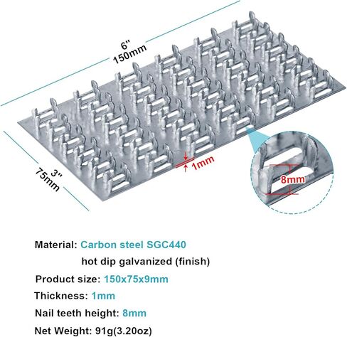 10 قطع من eoere 6 بوصة × 3 بوصة لوحة تروس ذات شوكات مسطحة لإصلاح الألواح، دعامة لوحة ربط، فولاذ مجلفن، ارتفاع أسنان الأظافر 8 مم، لدعامات الأسقف، موصلات الأخشاب الخشبية in Kuwait