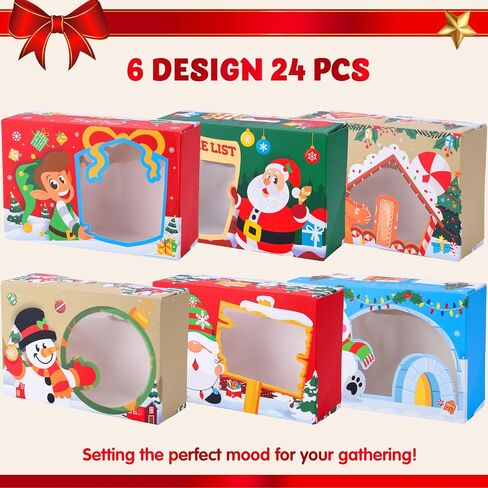 JOYIN 24 PCS Christmas Foil Bakery Cookie Box (8.75" x 5.75" x 2.75") in 6 Designs, 4 Colors (Green, Red, Blue and Khaki), Colorful Patterns with Window for Pastries, Cupcakes, Cookies and Gift-Giving in Saudi Arabia