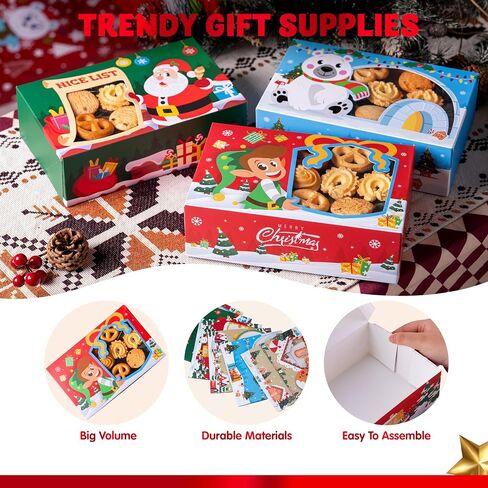 JOYIN 24 PCS Christmas Foil Bakery Cookie Box (8.75" x 5.75" x 2.75") in 6 Designs, 4 Colors (Green, Red, Blue and Khaki), Colorful Patterns with Window for Pastries, Cupcakes, Cookies and Gift-Giving in Saudi Arabia