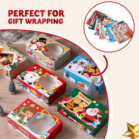 JOYIN 24 PCS Christmas Foil Bakery Cookie Box (8.75" x 5.75" x 2.75") in 6 Designs, 4 Colors (Green, Red, Blue and Khaki), Colorful Patterns with Window for Pastries, Cupcakes, Cookies and Gift-Giving in Saudi Arabia
