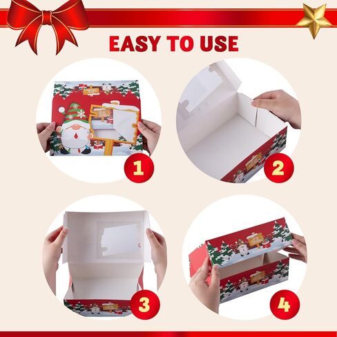 JOYIN 24 PCS Christmas Foil Bakery Cookie Box (8.75" x 5.75" x 2.75") in 6 Designs, 4 Colors (Green, Red, Blue and Khaki), Colorful Patterns with Window for Pastries, Cupcakes, Cookies and Gift-Giving in Saudi Arabia