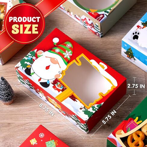 JOYIN 24 PCS Christmas Foil Bakery Cookie Box (8.75" x 5.75" x 2.75") in 6 Designs, 4 Colors (Green, Red, Blue and Khaki), Colorful Patterns with Window for Pastries, Cupcakes, Cookies and Gift-Giving in Saudi Arabia