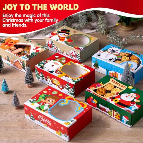 JOYIN 24 PCS Christmas Foil Bakery Cookie Box (8.75" x 5.75" x 2.75") in 6 Designs, 4 Colors (Green, Red, Blue and Khaki), Colorful Patterns with Window for Pastries, Cupcakes, Cookies and Gift-Giving in Saudi Arabia