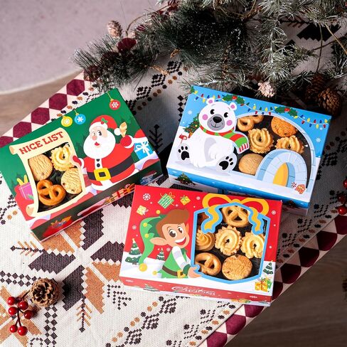 JOYIN 24 PCS Christmas Foil Bakery Cookie Box (8.75" x 5.75" x 2.75") in 6 Designs, 4 Colors (Green, Red, Blue and Khaki), Colorful Patterns with Window for Pastries, Cupcakes, Cookies and Gift-Giving in Saudi Arabia
