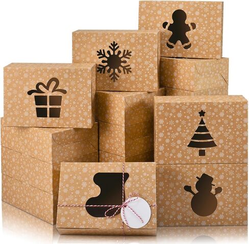 COTOPHER 30Pcs Christmas Cookie Boxes with Window, 6x6x3 inch Brown Bakery Boxes for Gift Giving, Snow Pattern Treat Boxes Holiday Pastries Boxes for Cakes Muffins Donuts Chocolate Strawberries in Kuwait