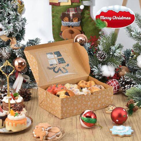 COTOPHER 30Pcs Christmas Cookie Boxes with Window, 6x6x3 inch Brown Bakery Boxes for Gift Giving, Snow Pattern Treat Boxes Holiday Pastries Boxes for Cakes Muffins Donuts Chocolate Strawberries in Kuwait
