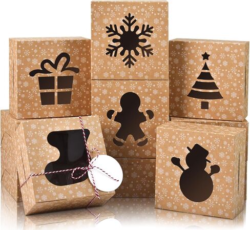 COTOPHER 30Pcs Christmas Cookie Boxes with Window, 6x6x3 inch Brown Bakery Boxes for Gift Giving, Snow Pattern Treat Boxes Holiday Pastries Boxes for Cakes Muffins Donuts Chocolate Strawberries in Kuwait