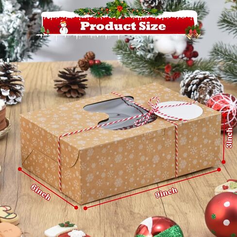 COTOPHER 30Pcs Christmas Cookie Boxes with Window, 6x6x3 inch Brown Bakery Boxes for Gift Giving, Snow Pattern Treat Boxes Holiday Pastries Boxes for Cakes Muffins Donuts Chocolate Strawberries in Kuwait