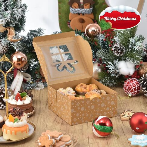 COTOPHER 30Pcs Christmas Cookie Boxes with Window, 6x6x3 inch Brown Bakery Boxes for Gift Giving, Snow Pattern Treat Boxes Holiday Pastries Boxes for Cakes Muffins Donuts Chocolate Strawberries in Kuwait
