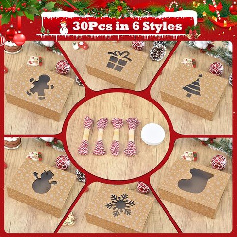 COTOPHER 30Pcs Christmas Cookie Boxes with Window, 6x6x3 inch Brown Bakery Boxes for Gift Giving, Snow Pattern Treat Boxes Holiday Pastries Boxes for Cakes Muffins Donuts Chocolate Strawberries in Kuwait