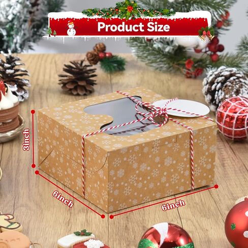 COTOPHER 30Pcs Christmas Cookie Boxes with Window, 6x6x3 inch Brown Bakery Boxes for Gift Giving, Snow Pattern Treat Boxes Holiday Pastries Boxes for Cakes Muffins Donuts Chocolate Strawberries in Kuwait