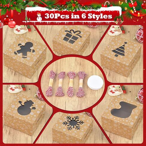 COTOPHER 30Pcs Christmas Cookie Boxes with Window, 6x6x3 inch Brown Bakery Boxes for Gift Giving, Snow Pattern Treat Boxes Holiday Pastries Boxes for Cakes Muffins Donuts Chocolate Strawberries in Kuwait