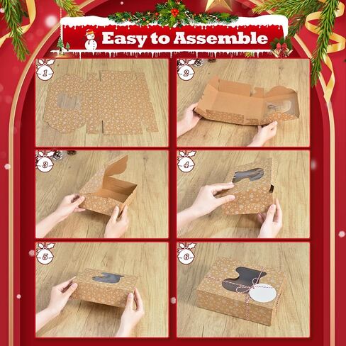 COTOPHER 30Pcs Christmas Cookie Boxes with Window, 6x6x3 inch Brown Bakery Boxes for Gift Giving, Snow Pattern Treat Boxes Holiday Pastries Boxes for Cakes Muffins Donuts Chocolate Strawberries in Kuwait