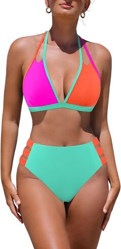 popvil High Waisted Bikini Sets for Women Two Piece Swimsuit Halter Top Bathing Suit in Saudi Arabia