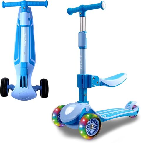 2-in-1 Kids Kick Scooter for Ages 3-12, 5 Adjustable Height Handlebar and Removable Foldable Seat, 3 LED Light Wheels Learn to Steer, Wide Standing Board Scooter Indoor Outdoor for Boy Girl, Blue in Saudi Arabia