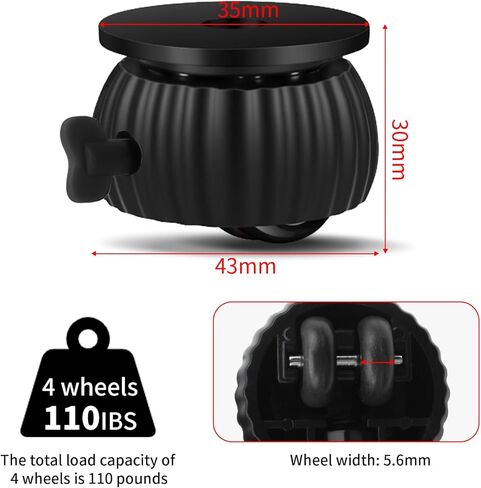 HOWDIA Self Adhesive Mini Caster Wheels, 4 Pack Braked Small Universal Wheels for Furniture Bucket 28 LBS Load Capacity Per Wheel, Low Profile Roller Casters for Small Appliance Storage Bins(Black) in Kuwait