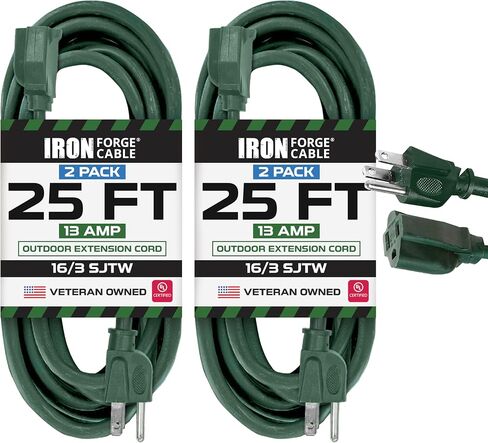 Iron Forge Cable 2 Pack Outdoor Extension Cord 25 ft, 16/3 SJTW Weatherproof Green Extension Cord 3 Prong, 13 AMP Heavy Duty Power Cable Great for Outside, Outdoor Lights, Lawn & Landscaping in Kuwait