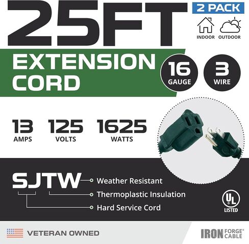 Iron Forge Cable 2 Pack Outdoor Extension Cord 25 ft, 16/3 SJTW Weatherproof Green Extension Cord 3 Prong, 13 AMP Heavy Duty Power Cable Great for Outside, Outdoor Lights, Lawn & Landscaping in Kuwait