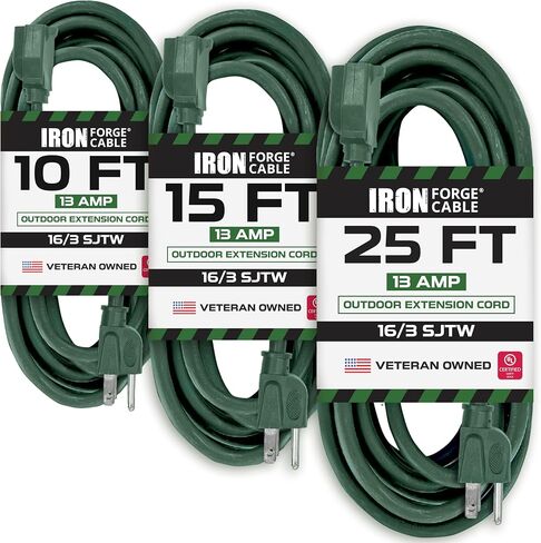 Iron Forge Cable 2 Pack Outdoor Extension Cord 25 ft, 16/3 SJTW Weatherproof Green Extension Cord 3 Prong, 13 AMP Heavy Duty Power Cable Great for Outside, Outdoor Lights, Lawn & Landscaping in Kuwait