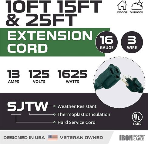Iron Forge Cable 2 Pack Outdoor Extension Cord 25 ft, 16/3 SJTW Weatherproof Green Extension Cord 3 Prong, 13 AMP Heavy Duty Power Cable Great for Outside, Outdoor Lights, Lawn & Landscaping in Kuwait