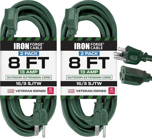 Iron Forge Cable 2 Pack Outdoor Extension Cord 25 ft, 16/3 SJTW Weatherproof Green Extension Cord 3 Prong, 13 AMP Heavy Duty Power Cable Great for Outside, Outdoor Lights, Lawn & Landscaping in Kuwait