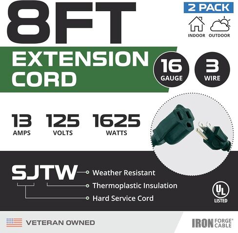 Iron Forge Cable 2 Pack Outdoor Extension Cord 25 ft, 16/3 SJTW Weatherproof Green Extension Cord 3 Prong, 13 AMP Heavy Duty Power Cable Great for Outside, Outdoor Lights, Lawn & Landscaping in Kuwait