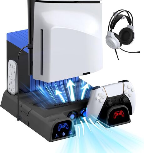حامل تبريد متوافق مع حامل PS5/ PS5 النحيف للأقراص ووحدة التحكم الرقمية، ومحطة شحن متوافقة مع وحدة تحكم PlayStation 5 مع 11 فتحة ألعاب، ومروحة 3 مستويات in Saudi Arabia