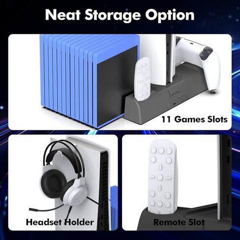 حامل تبريد متوافق مع حامل PS5/ PS5 النحيف للأقراص ووحدة التحكم الرقمية، ومحطة شحن متوافقة مع وحدة تحكم PlayStation 5 مع 11 فتحة ألعاب، ومروحة 3 مستويات in Saudi Arabia