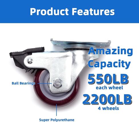 YingGate 4 inch Heavy Duty Casters Load 1800lbs, Lockable Bearing Plate Caster Wheels with Brakes, 360-degree Swivel Casters for Furniture and Workbench Cart, Set of 4 (Free Screws and a Spanner) in Saudi Arabia