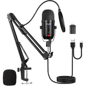 Podcast Microphone for Phone/Pad/PS4,Condenser Recording USB Microphone for Computer,Metal PC Microphone for Gaming,ASMR,YouTube,Streaming Mic Kit with Noise Cancelling for Laptop MAC or Windows