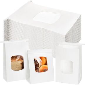 Okllen 100Pcs Bakery Bags with Window, 6x3x9 Inches White Tin Tie Tab Lock Bags, Kraft Paper Bags for Cookies, Coffee Beans