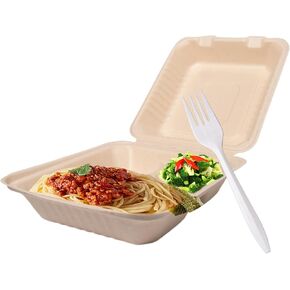 Recaianweilin To Go Food Containers with 50 Forks,Disposable Food Containers with Lids,Sugarcane Fiber To Go Boxes,Clamshell Take out Containers for Meal Prep (8"x8" 3-compartment 50 Pack (Natural))