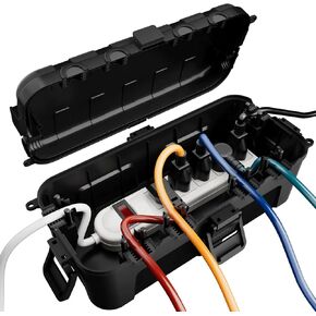 Flemoon Medium Outdoor Electrical Box (11.5x5.2x4 inch), IP54 Waterproof Extension Cord Cover w/ 6 Cable Entry Ports, Weatherproof Connection Box for Power Strip, Timer, Plug, Holiday Lights, Black