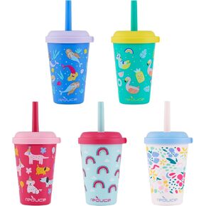 Reduce GoGo's 12 oz Cup Set, 5 Pack – Plastic Cups with Straws and Lids – Dishwasher Safe, BPA Free – 5 Fun Designs, Strawberry Banana