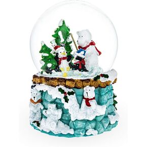 Bear and Penguins Fishing Musical Christmas Water Snow Globe