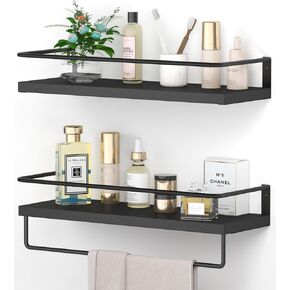 White Floating Shelves with Golden Towel Rack - Set of 2 Wall Mounted Hanging Bathroom Shelves, Decorative Shelves for Stylish Storage in Bathroom, Kitchen, Living Room & Bedroom in Kuwait