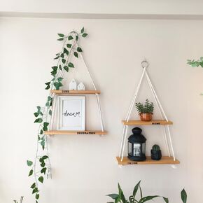 Hanging Shelves for Wall - Boho Shelves Hanging Plant Shelf, Rope Shelf for Wall Decor Living Room Decor Aesthetic - Hanging Wall Shelves for Bedroom Decor Boho Wall Decor Floating Shelf Bathroom