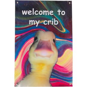 Welcome to My Crib Flag Funny Tapestry for College Dorm, Duck Poster with Artistic Background, 2x3 Feet Dorm Room Flag with Premium Material, Vibrant Color, Damage Free Hanging Clip