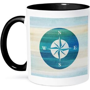 3dRose Aqua Nautical Compass Beach Theme Art Mug, 11 oz, Black