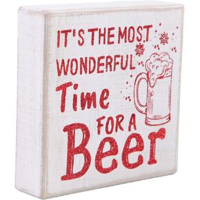 ‘It's the Most Wonderful Time for a Beer’ 6" x 6" Rustic Wood Bar Sign, White with Red Glitter Letters and Graphics, Kitchen, Gift, Stocking Stuffer, Christmas