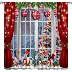 Christmas Curtains,Winter Themed Snow Forest Christmas Tree Christmas Colorful Ball Stocking Happy New Year Home Decor Holiday Window Treatment for Living Room Bedroom 42x63 Inch